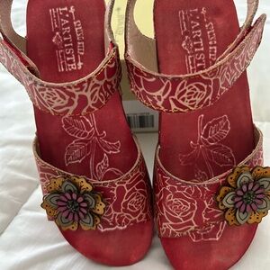 Spring Step Red Floral Sandals with Ankle Strap